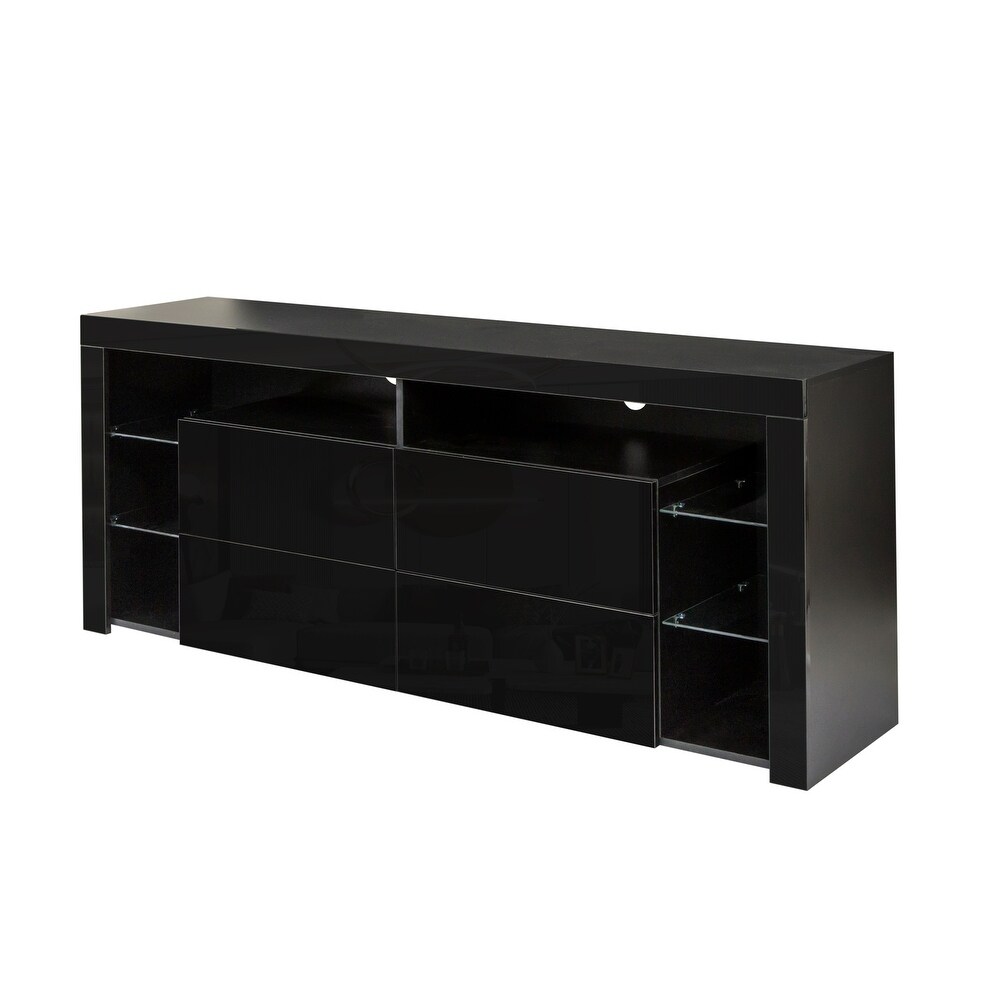 TV Cabinet with Storage Drawers   Open Shelves LED TV Stand Modern High Gloss TV Console with 20 Color LED Lights  Black