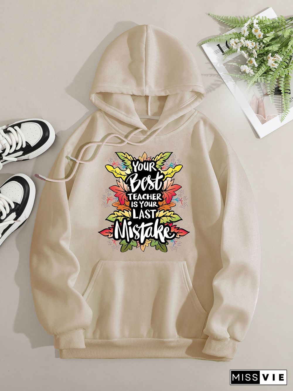 Printed on front Kangaroo Pocket Hoodie Long Sleeve for Women Pattern your best teacher is your last mistake