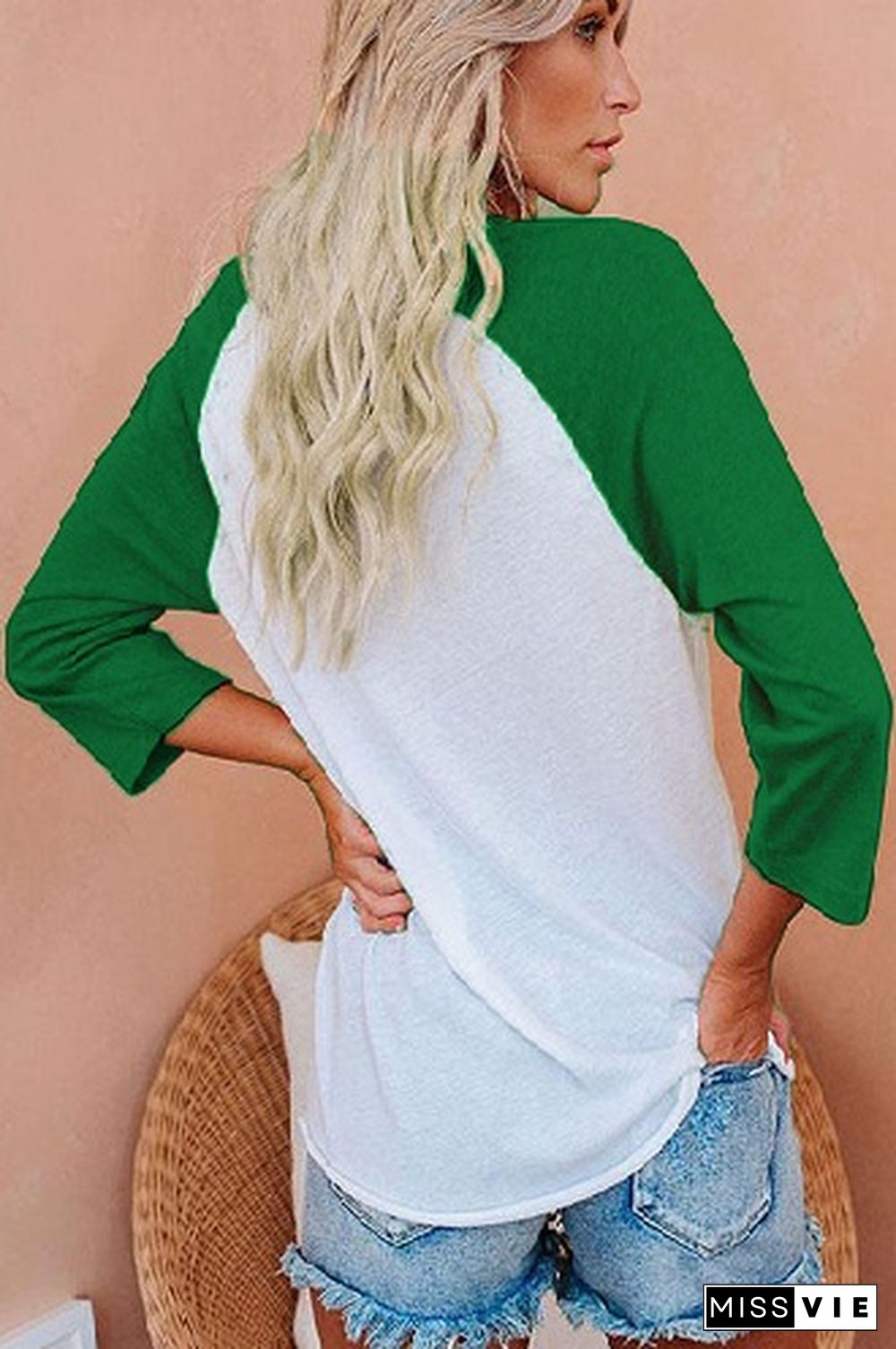 Green Christmas Print Crew Neck Three-quarter Sleeve T-shirt