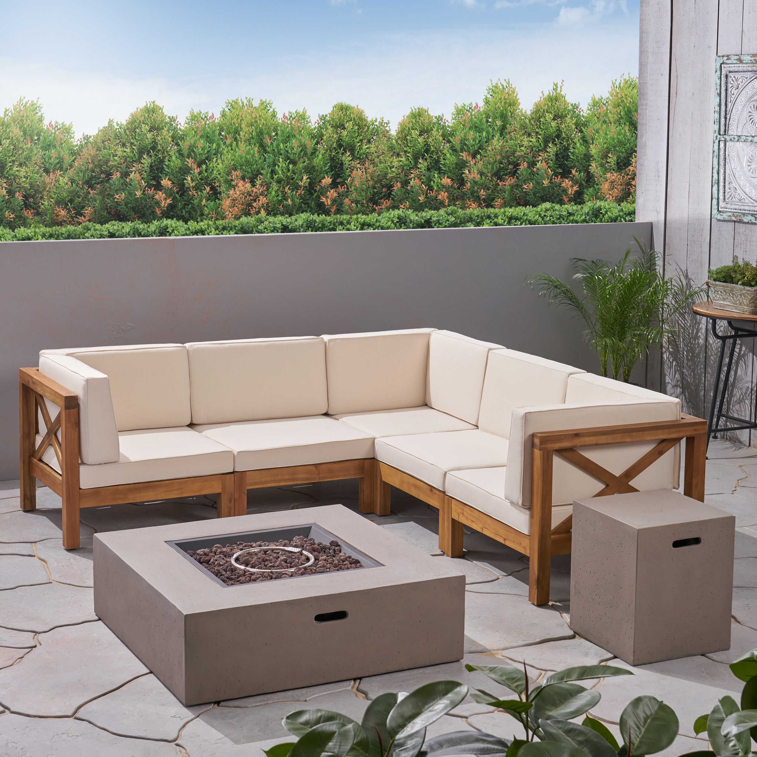 Cynthia Outdoor Acacia Wood 5 Seater Sectional Sofa Set with Fire Pit