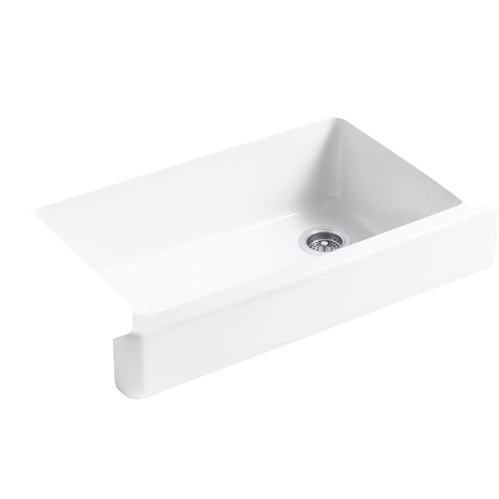 KOHLER Whitehaven Farmhouse Apron Front Cast Iron Self-Trimming 36 in. Single Basin Kitchen Sink in White with Basin Racks K-6488-0-6639-ST