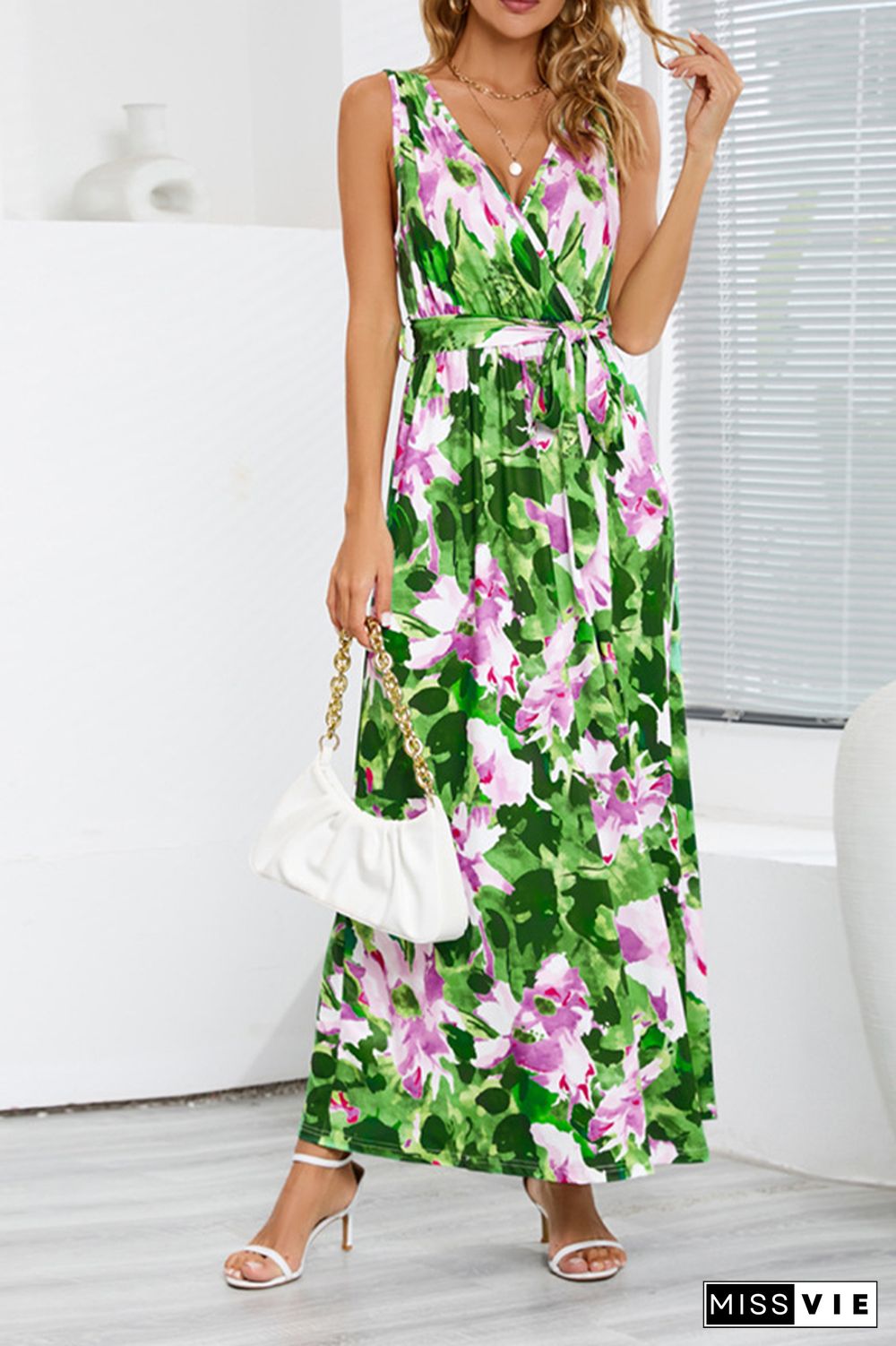 Wrap V Neck High Split Sleeveless Floral Maxi Dress