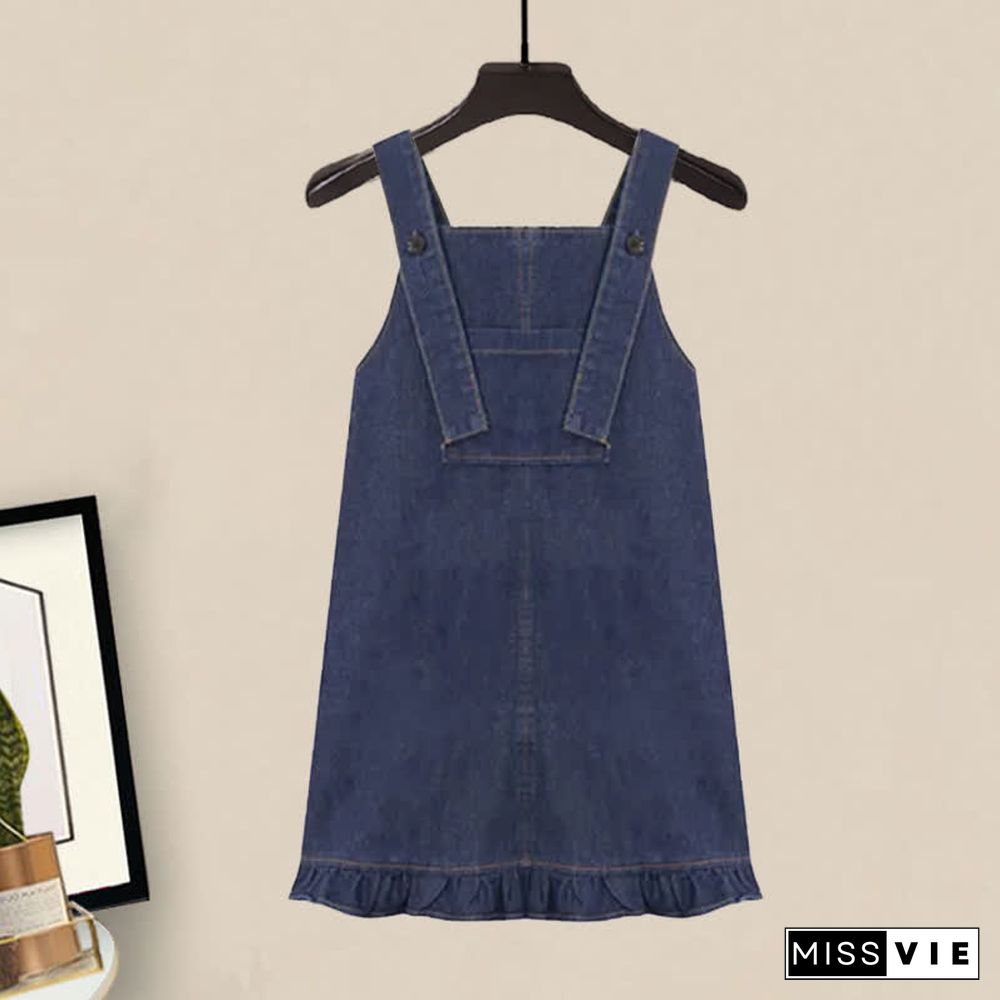 Pocket Lapel Tie T-Shirt Denim Overall Dress Two Pieces Set