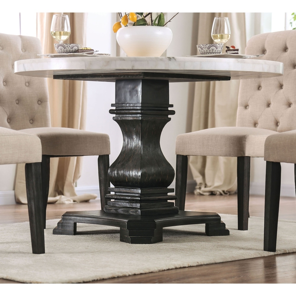 Brec Rustic Marble Top 5 Piece Round Dining Table Set with Tufted Chairs by Furniture of America