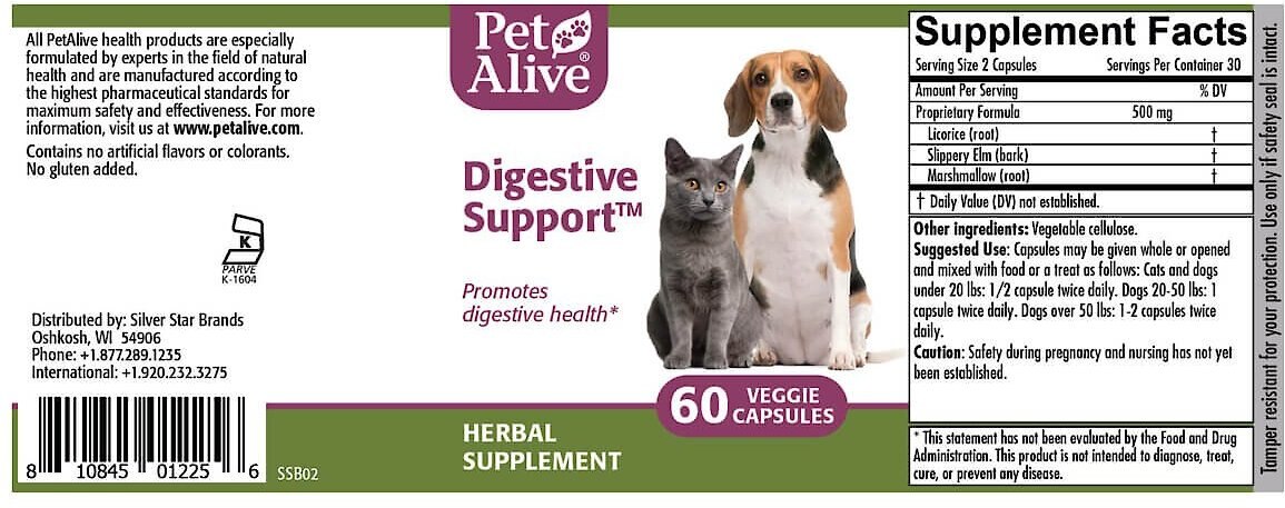 PetAlive Digestive Support Dog and Cat Supplement， 60 count