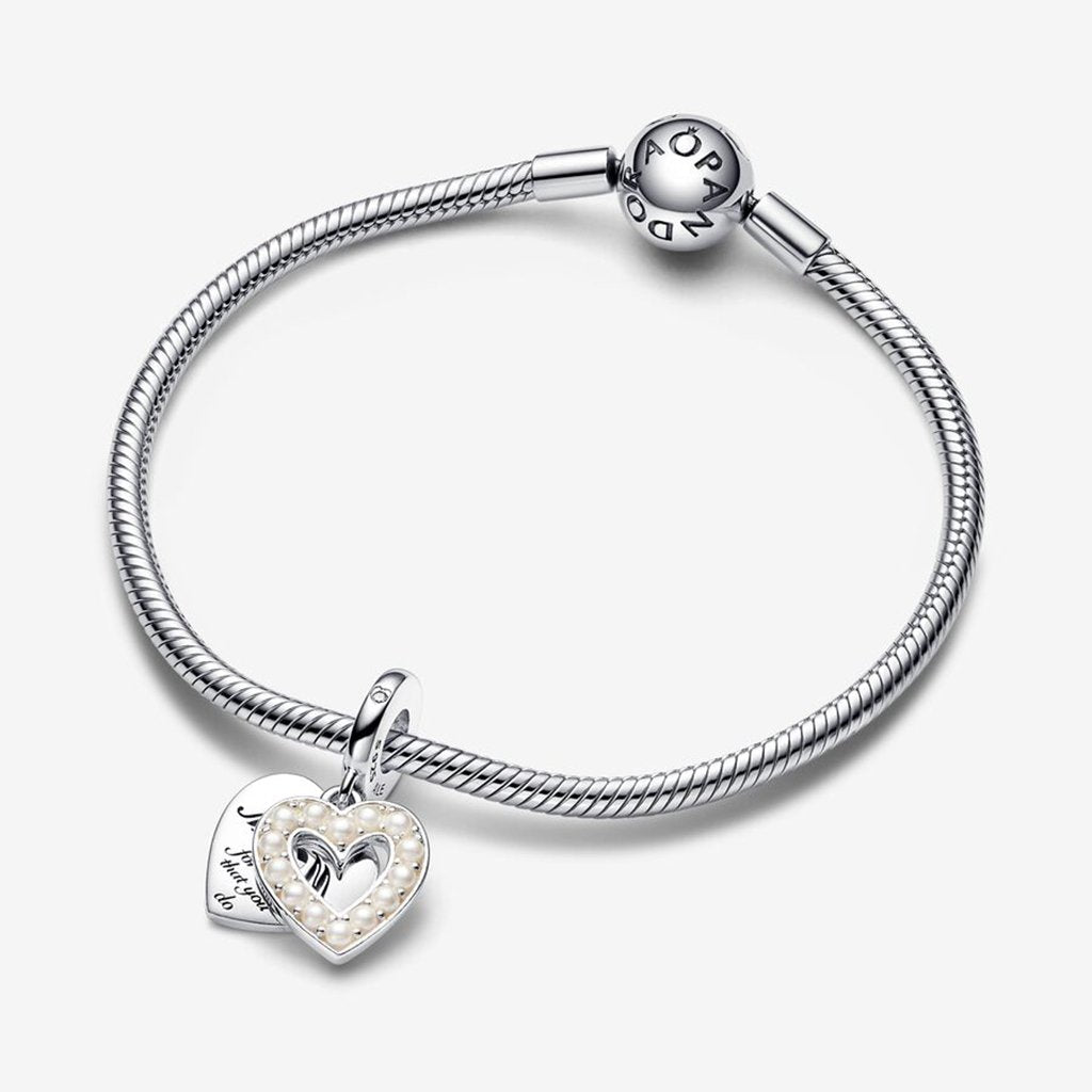 PANDORA  Pearlescent White Heart Double Dangle Charm