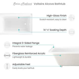 Swiss Madison Voltaire 60 x 30 in. Acrylic Right-Hand Drain with Integral Tile Flange Rectangular Drop-in Bathtub in white SM-DB560