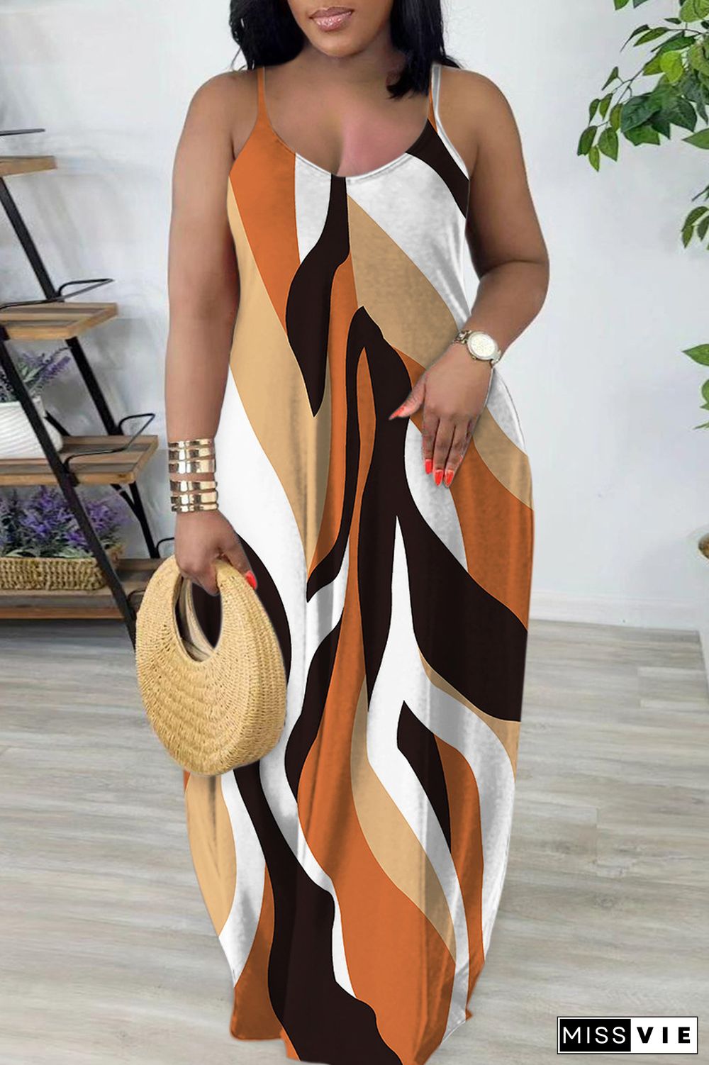 Dark Khaki Sexy Casual Print Backless Spaghetti Strap Long Dress Dresses