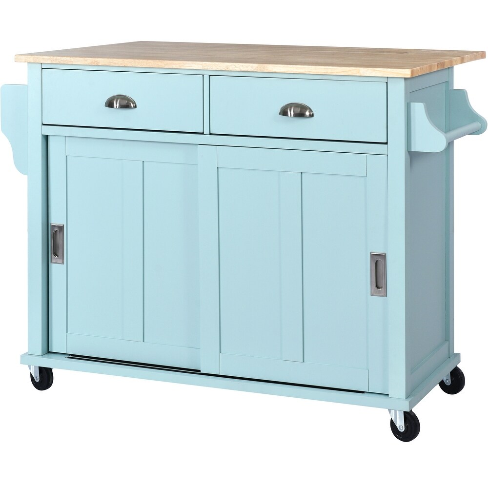 Kitchen Island Cart w/ Rubber wood Drop Leaf Countertop  Concealed Sliding Barn Door Kitchen Island w/ Storage Cabinet 2 Drawers