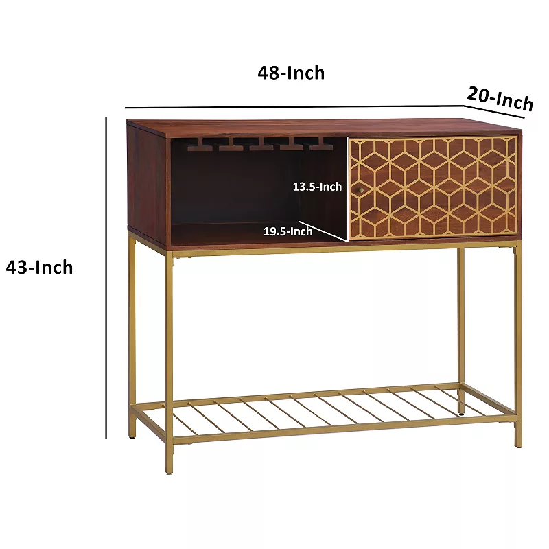 Kalyn 48 Inch Acacia Wood Bar Cabinet， 1 Door， Metal Frame， Geometric Screen Print， Brown， Brass