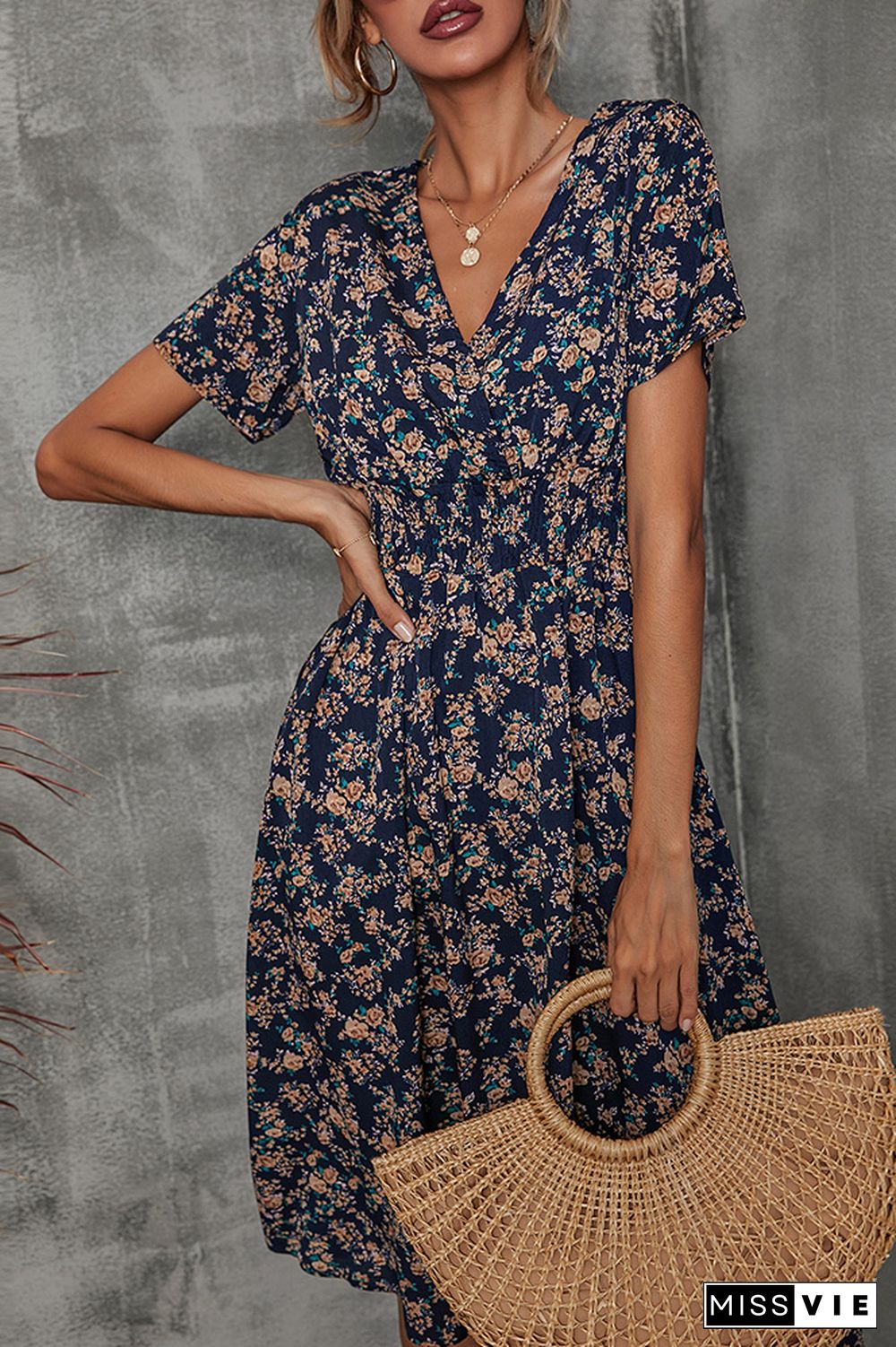 V Neck Smocked Waist Midi Floral Dress