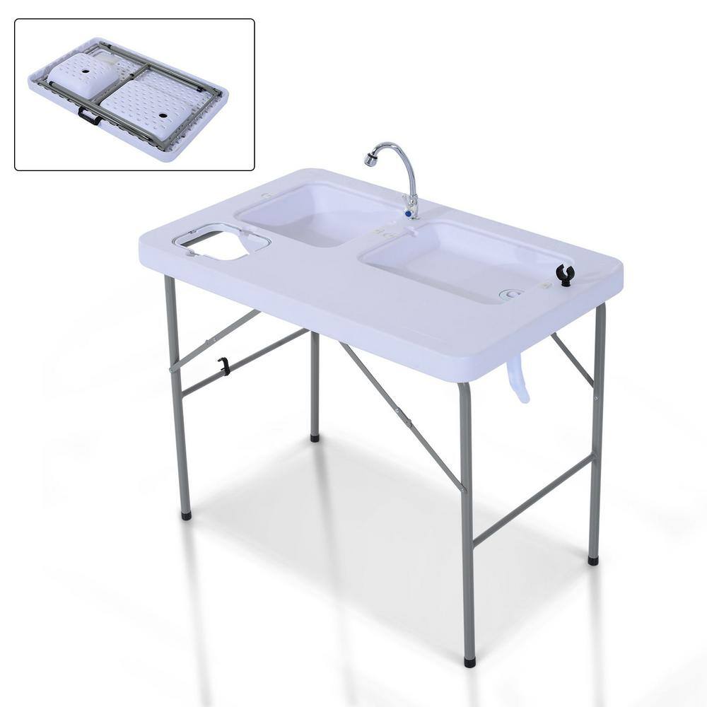 Outsunny 40 in. Portable Folding Easy-Clean Camping Dish Sink with Faucet and 2 Water Basins for Backyard Parties and Events A20-033