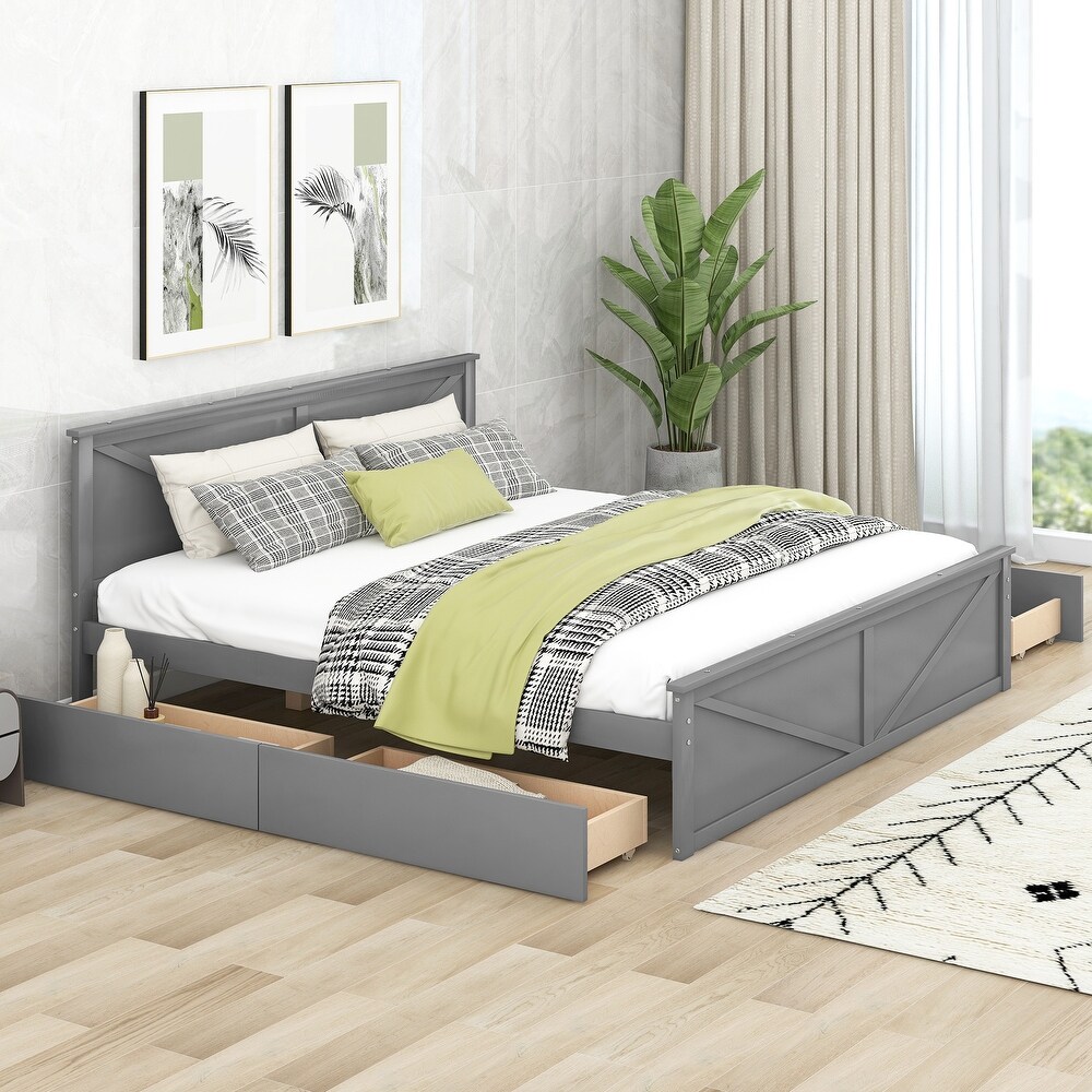 Wooden Platform Bed with 4 Storage Drawers and Support Legs