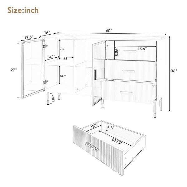 Modern Sideboard MDF Buffet Cabinet Marble Sticker Tabletop and Amber-yellow Tempered Glass Doors with Gold Metal Legs