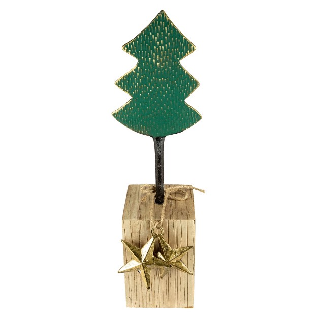 Green Metal Tree In Chunky Wood Base Christmas Decor