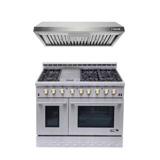 NXR Entree Bundle 48 in. 7.2 cu. ft. Pro-Style Gas Range with Convection Oven and Range Hood in Stainless Steel and Gold NK4811EHBD-G