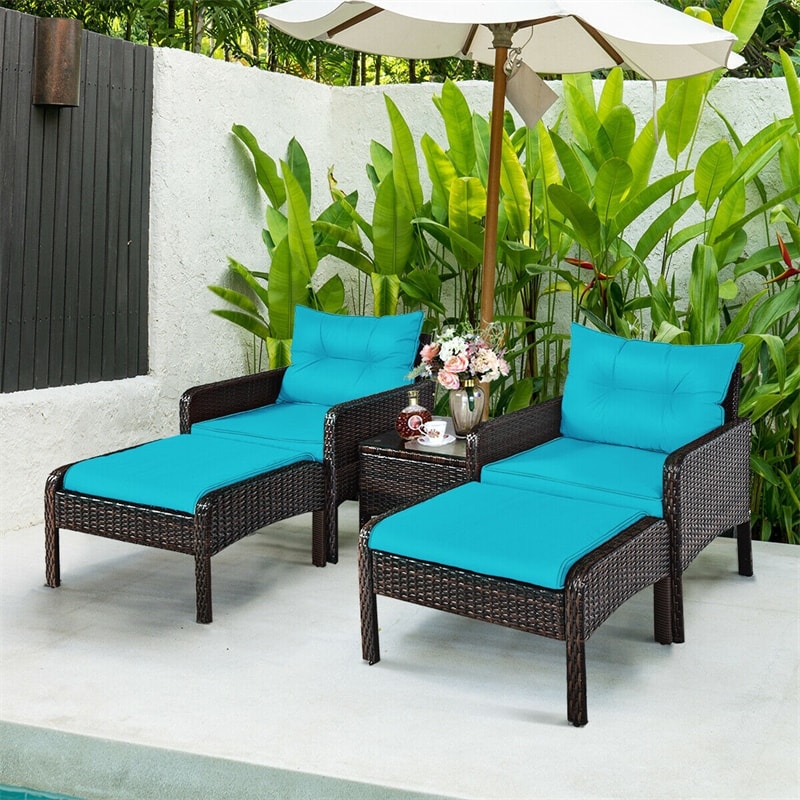 5 Pcs Rattan Patio Conversation Sets with Ottomans & Coffee Table, Wicker Outdoor Bistro Set