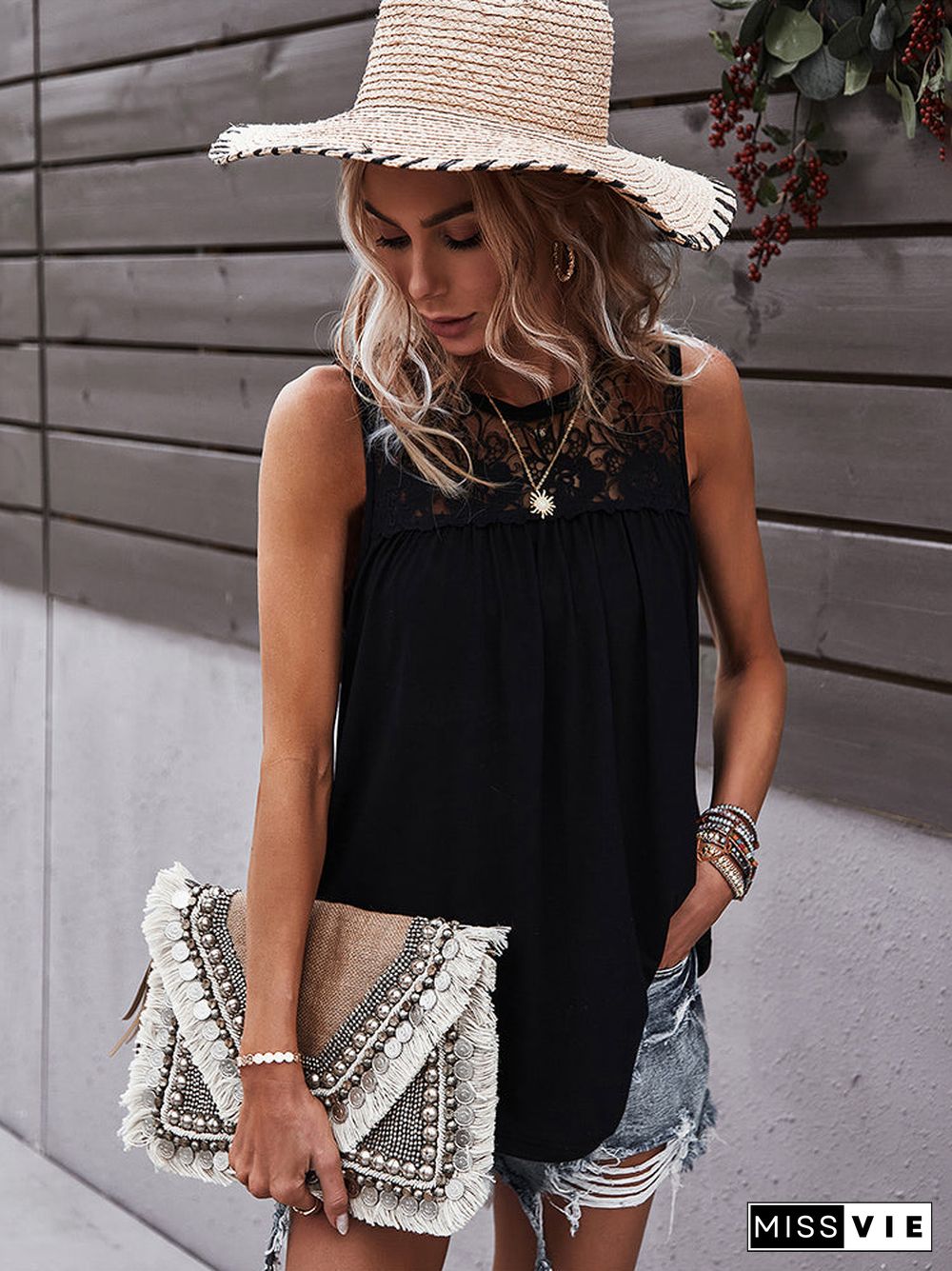 Sleeveless Round Lace Neck Casual Tank Top