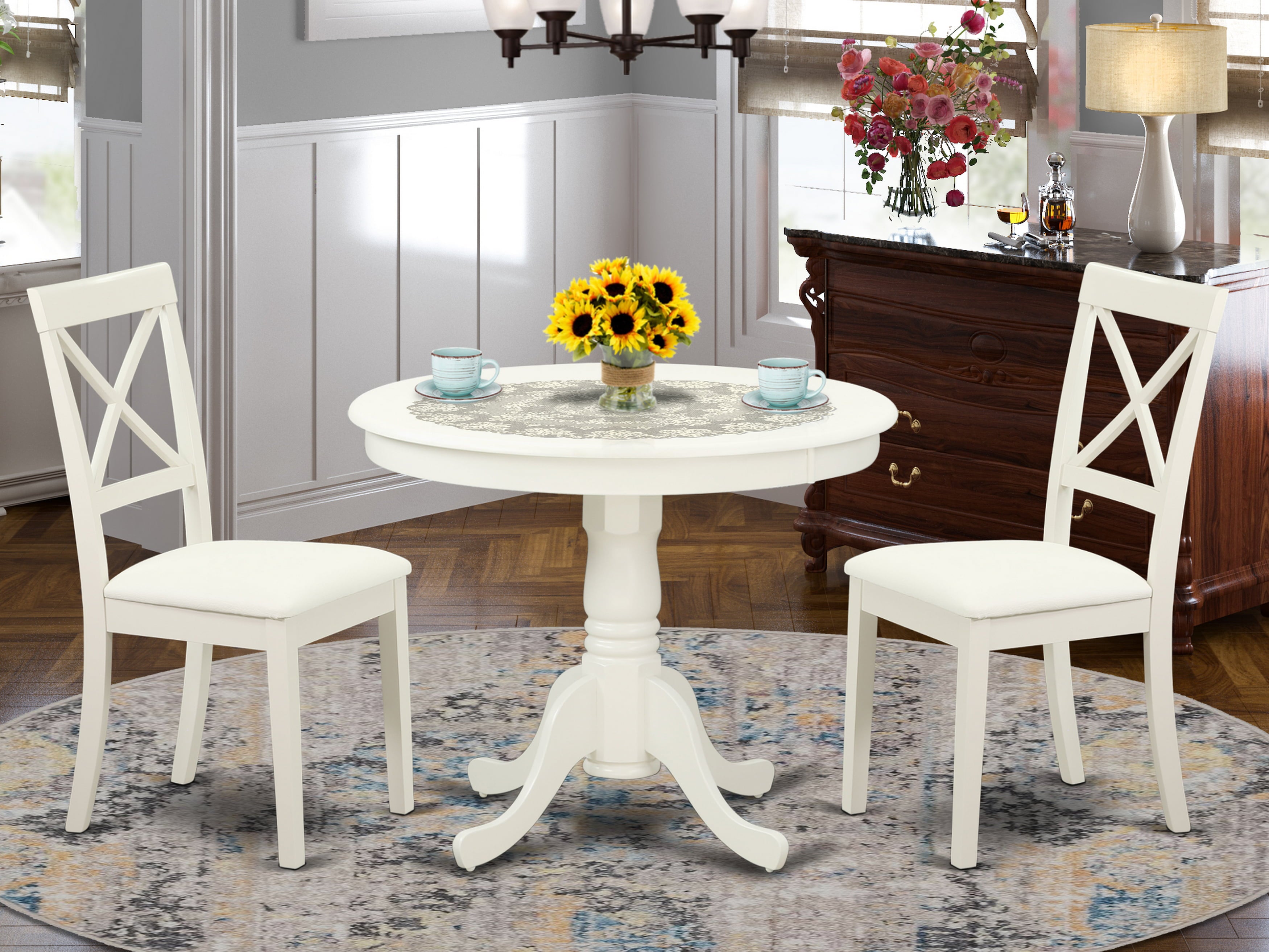 East West Furniture ANBO3-LWH-LC 3-Pc Kitchen table set with a Dining Table and 2 Faux Leather Chairs in Linen White Finish