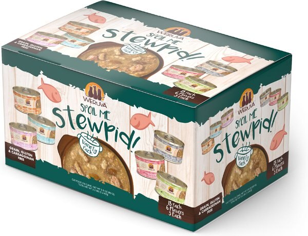 Weruva Classic Stews， Spoil Me Stewpid! Variety Pack Wet Cat Food， 3-oz， 18 pack