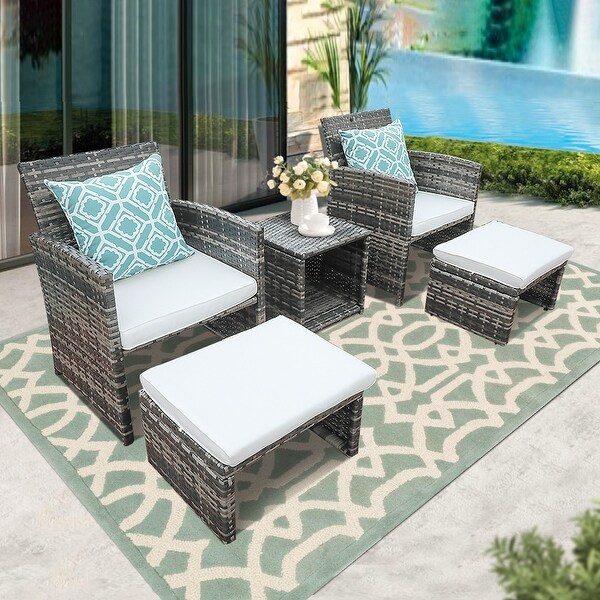 5piece Outdoor Wicker Seating Set with Chair，Ottoman and Cushion