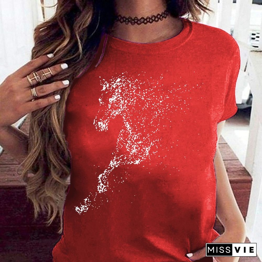 Cute Horse Print T Shirts for Women Summer Short Sleeved Tees Top Women's Round Neck Graphic Tshirts Casual Wear; Loose Fit Tees Woman Blouse Vestidos Mujer