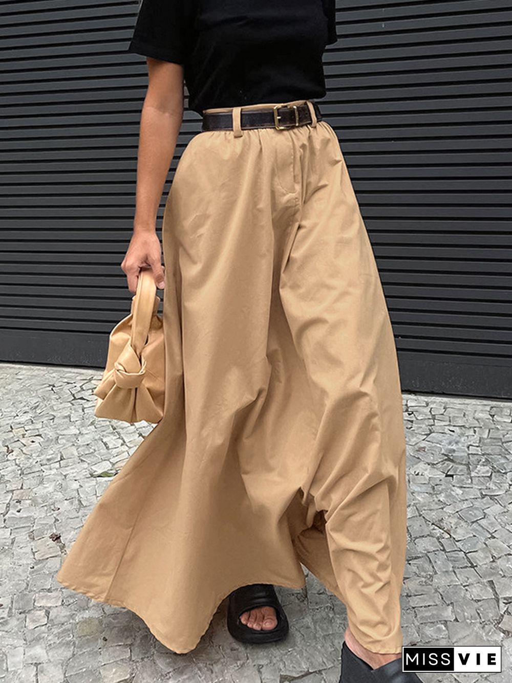 High Waisted Loose Pockets Solid Color Zipper Skirts Bottoms