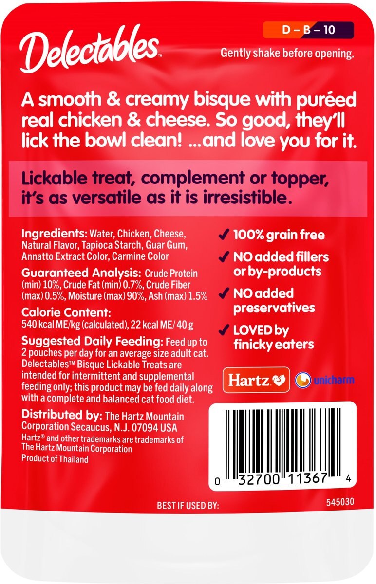 Hartz Delectables Bisque Non-Seafood Recipe Chicken and Cheese Lickable Wet Cat Treats， 1.4-oz， case of 12