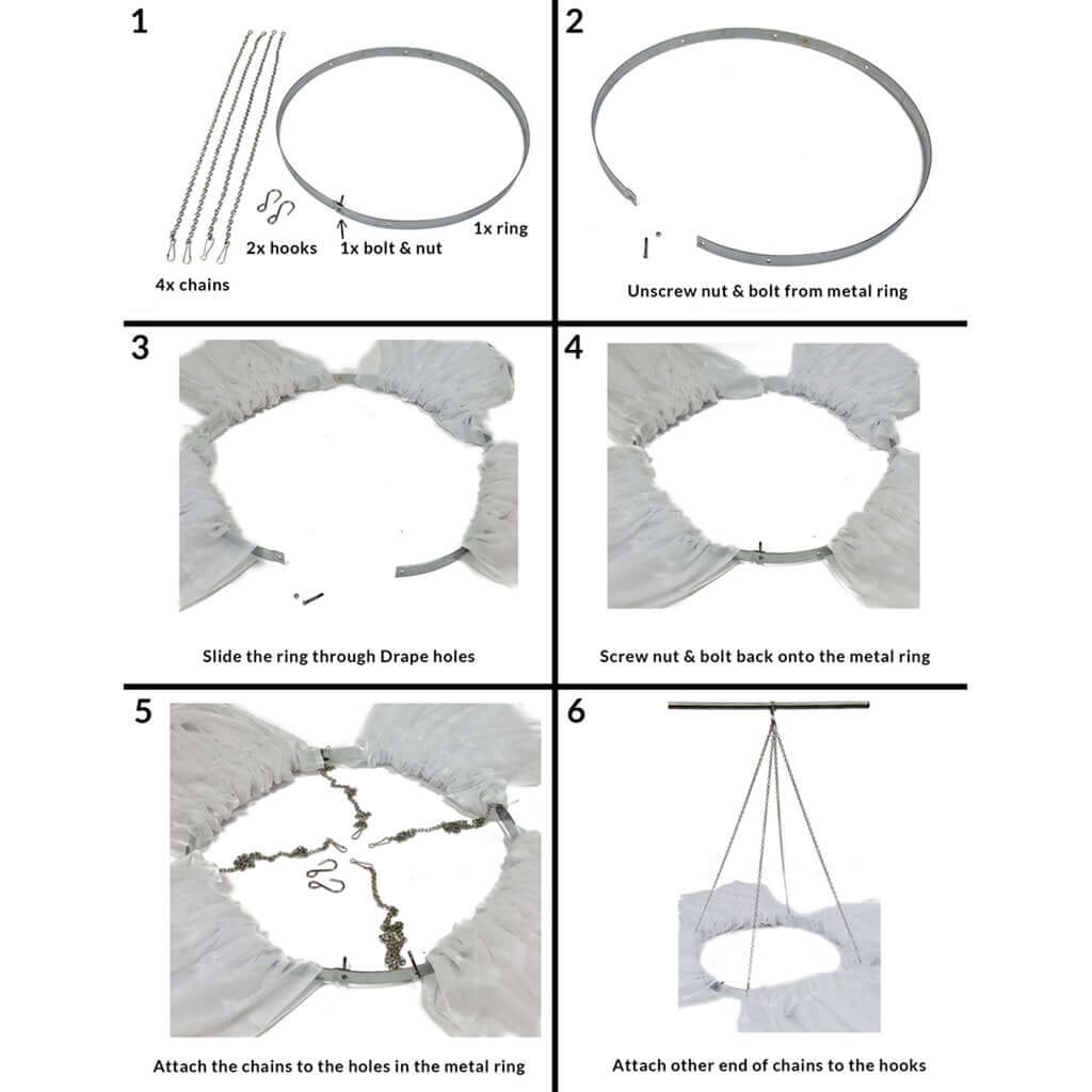 White Ceiling Drape and Stainless Steel Hanging Hoop Hardware Kit + FREE Installation Tool Kit 4 Panel