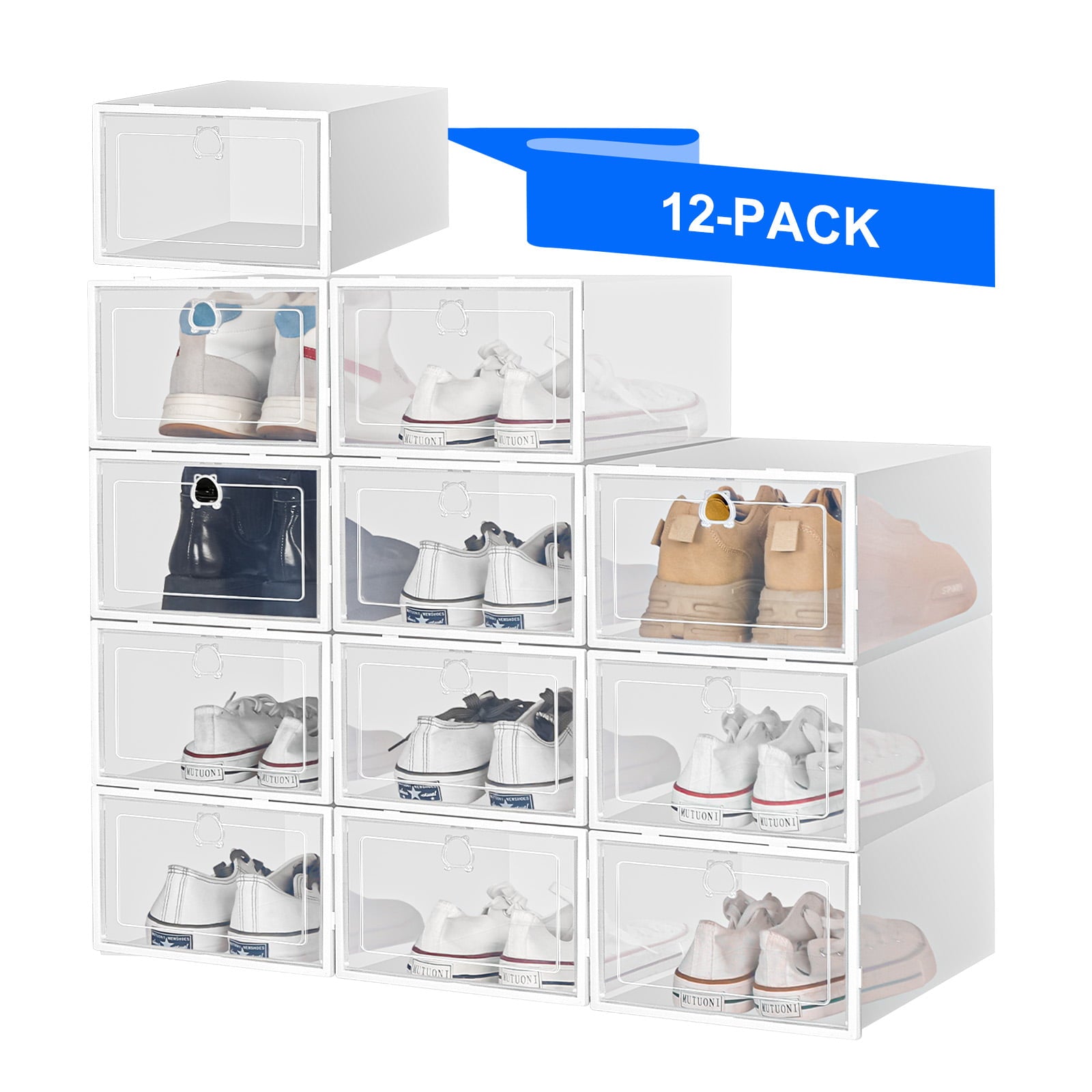 RIOUSERY Shoe Storage Box Set of 12， Clear Plastic Stackable Shoe Organizer for Closet， Shoe Containers with lids， Space Saving Sneaker Containers Bins Holders， Fit up to US Size 12