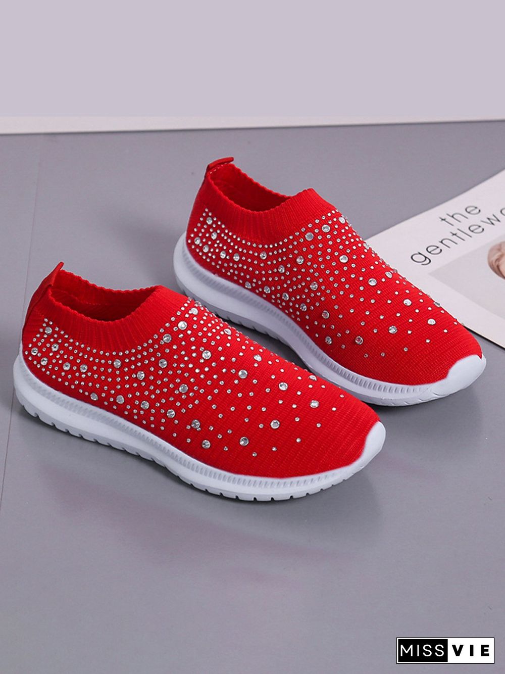 Rhinestone Design Portable Overfoot Lightweight Flyknit Sneakers