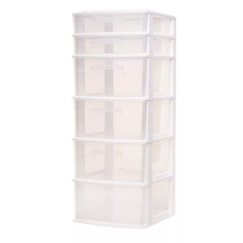 Homz Plastic 6 Clear Drawer Medium Home Storage Container Tower， White Frame