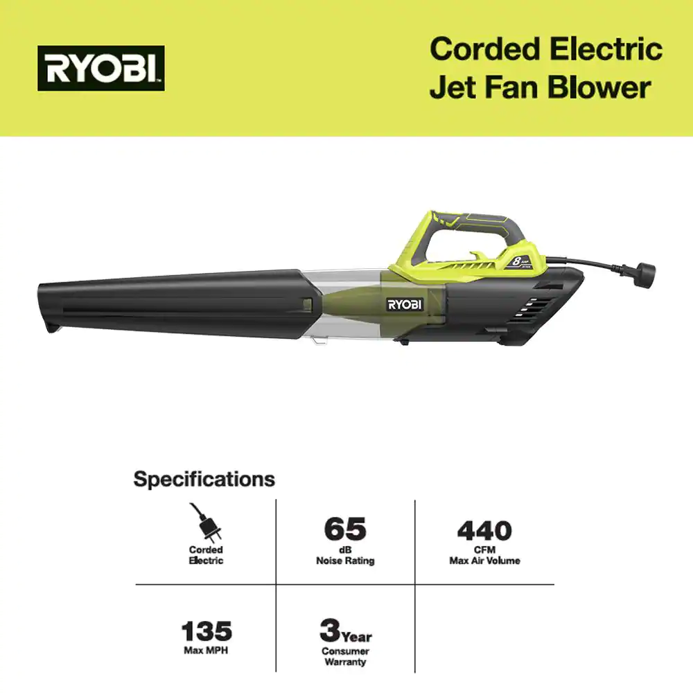 RYOBI RY421021 135 MPH 440 CFM 8 Amp Corded Electric Jet Fan Blower