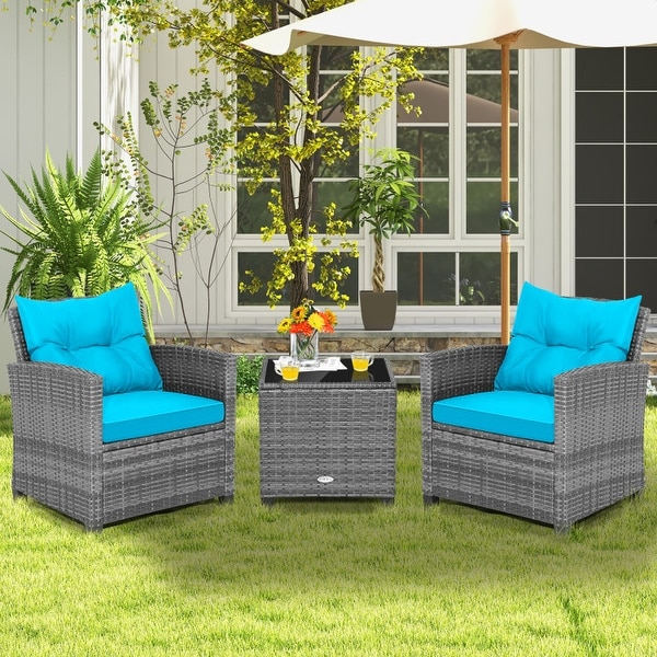 3Piece Outdoor Wicker Patio Furniture Set with Tempered Glass Coffee Table