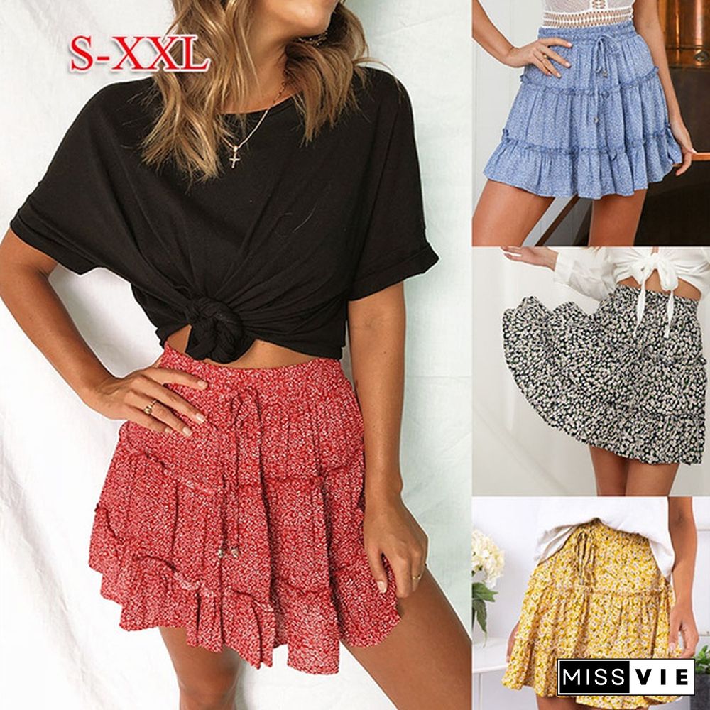 New Women Y2K Sweet Skirts Summer High Waist Falbala Floral Printing Skirts Beach Essential Womens Fashion Mini Skirt