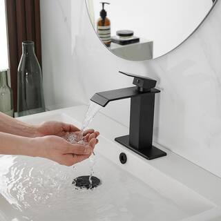 BWE Waterfall Single Hole Single-Handle Low-Arc Bathroom Faucet With Pop-up Drain Assembly in Matte Black A-96004-Black