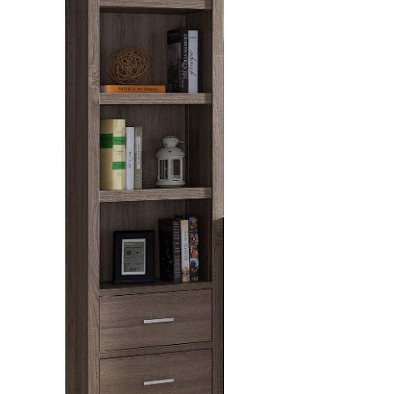 Wooden Media Tower with Four Open Shelves and Two Drawers， Dark Taupe Brown