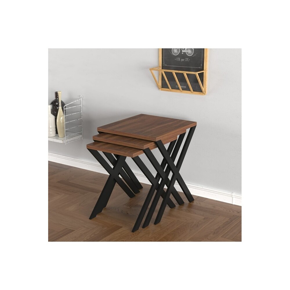 3 Pcs Wood Top Metal Legs Nesting Table for Living Rooms