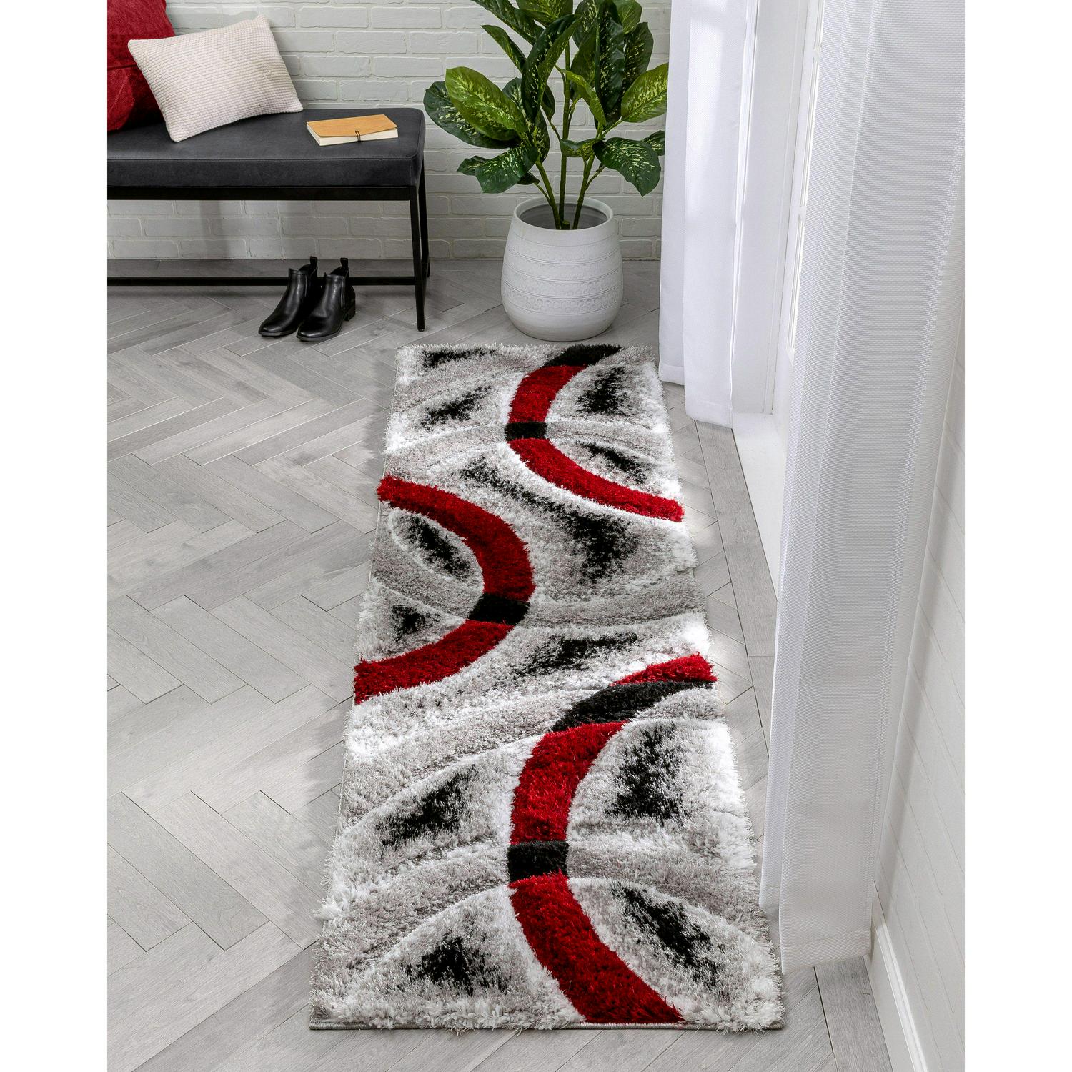 Well Woven San Francisco Printed Modern Shag Geometric Runner Rug， Red