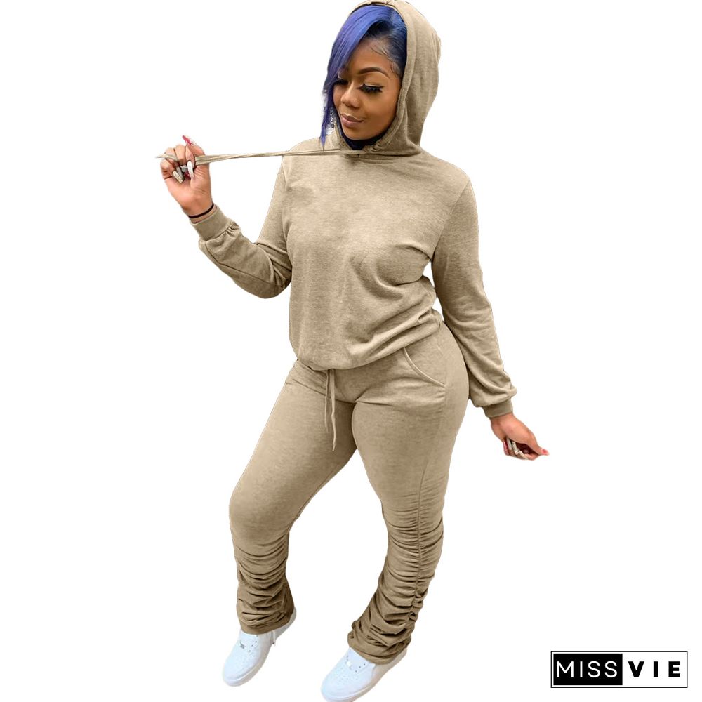 Solid Hooded Pullover Sweatshirt+Pleated Pants Set