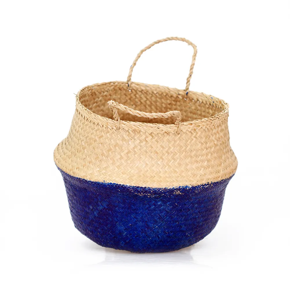 Cheap price wholesale floor standing seagrass baskets classic blue handmade seagrass basket with handles