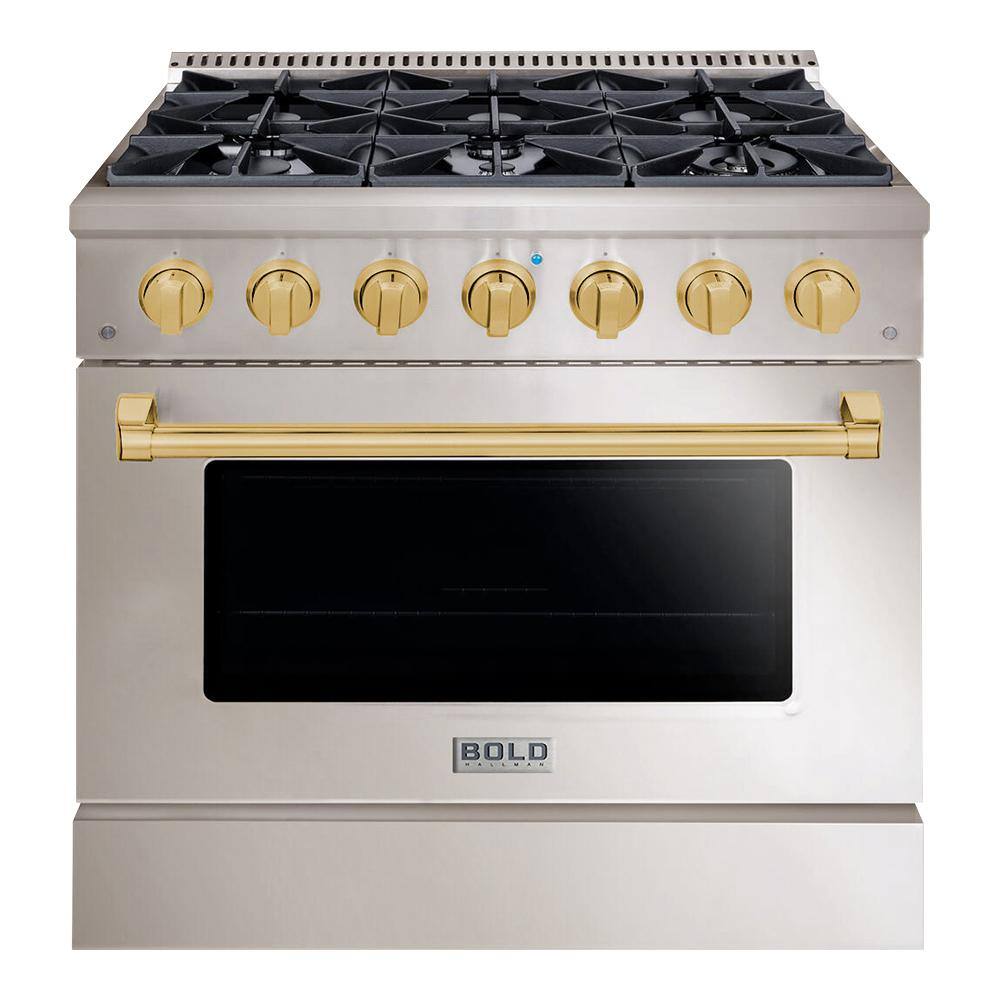 Hallman BOLD 36 in. 5.2 Cu. ft. 6 Burner Freestanding All Gas Range LP Gas Stove and Gas Oven Stainless steel with Brass Trim HBRG36BSSS-LP