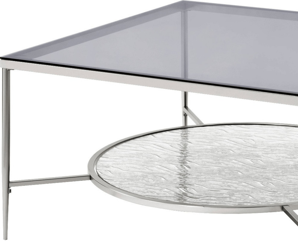 32 quotChrome And Clear Glass Square Coffee Table With Shelf   Coffee Tables   by HomeRoots  Houzz