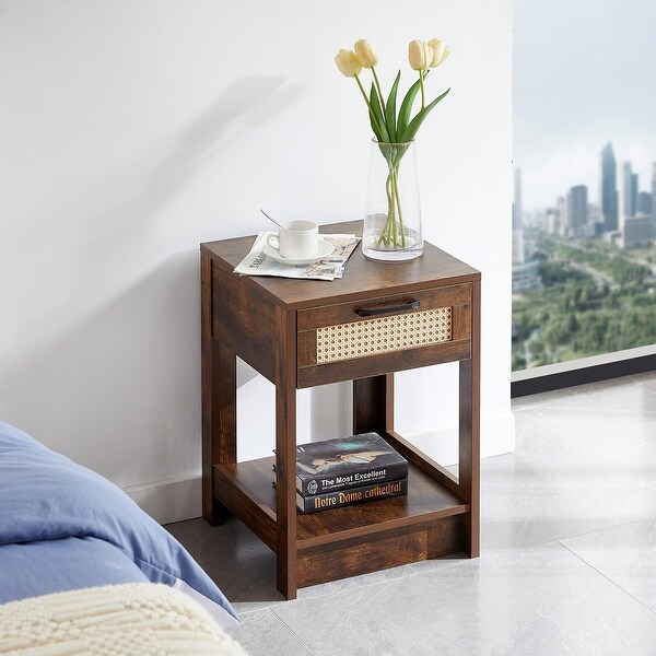 Modern Rattan End table/Side Table with 1 Drawer and 1 Open Shelf