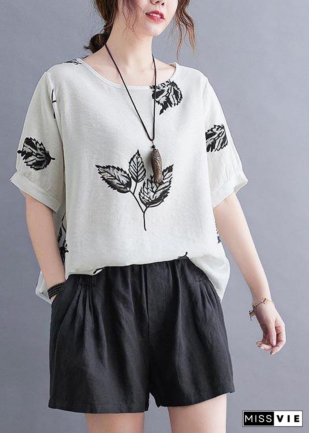 Beautiful White Print leaf Shirt Tops Summer Cotton Linen