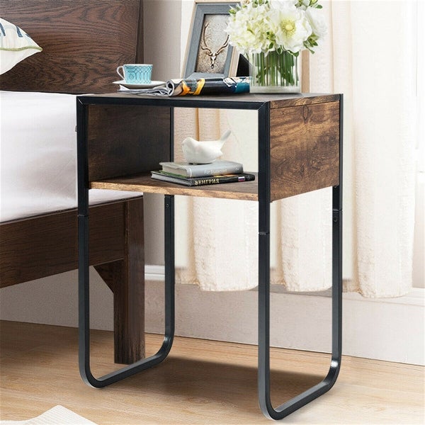 Industrial Side Table with Anti Rust Steel Frame and Open Storage