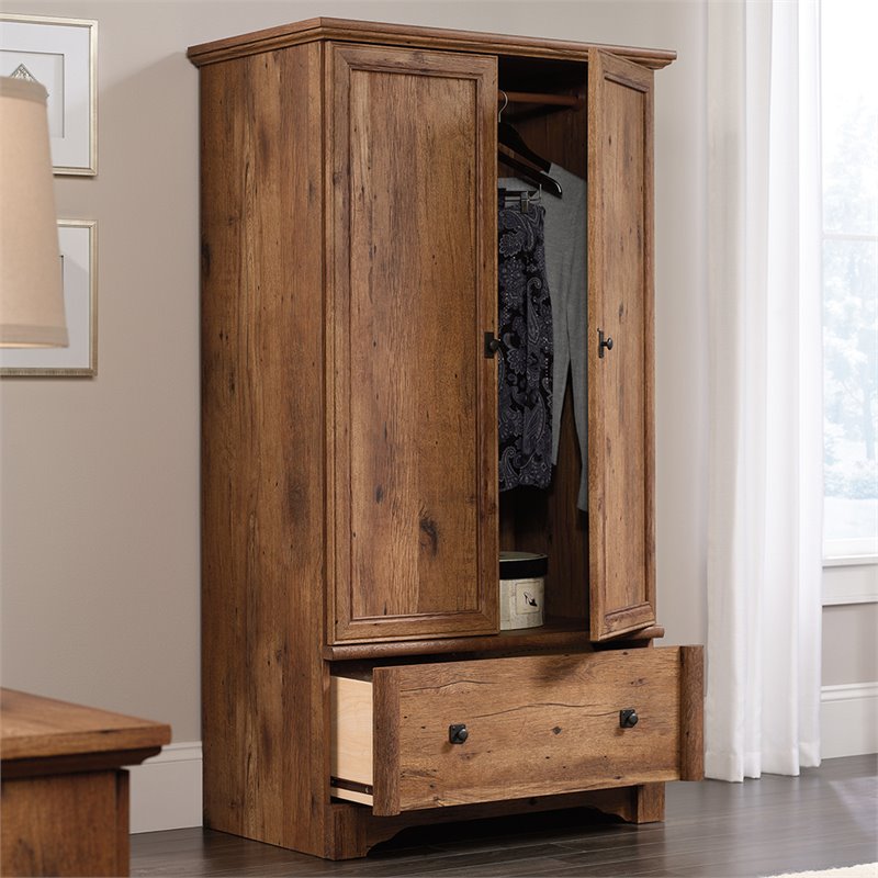 Pemberly Row Contemporary Wood Bedroom Armoire with Garment Rod in Vintage Oak