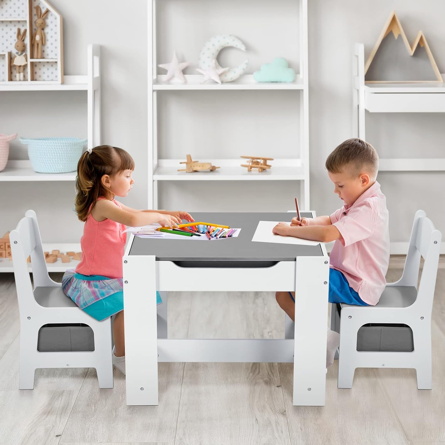 Kids Table and Chairs Set with Storage Drawers, Drawing Black Board Desk