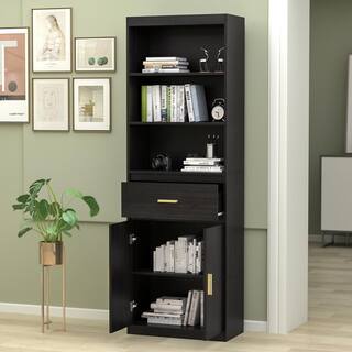 FUFUGAGA 70.8 in. H Coffee Brown Wood 3-Shelf Bookcase Bookshelf With 2-Door Cabinet and Drawer KF200127-01-KPL