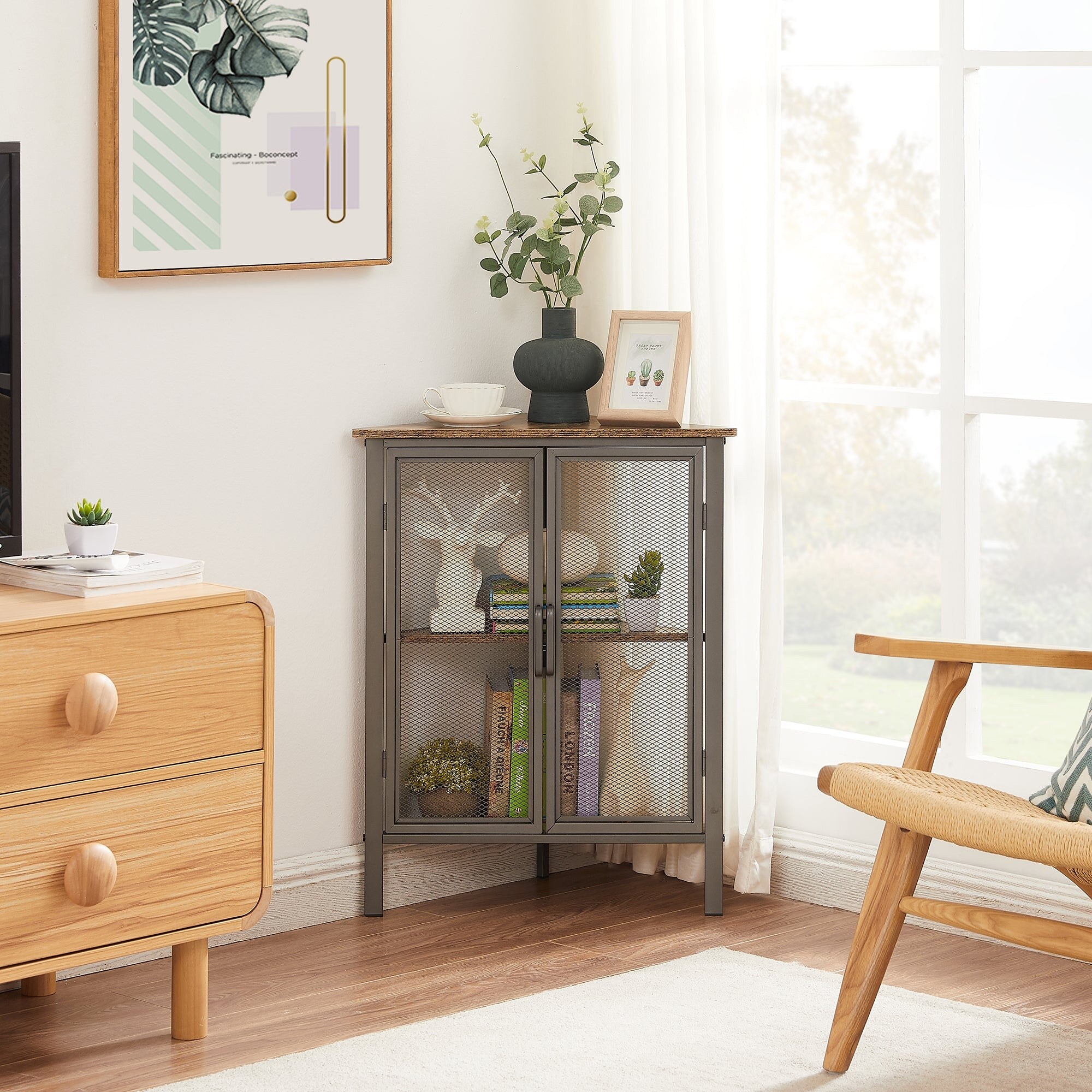 Industrial Triangle Corner Table with Dual Door and 3-tier Shelf Storage Cabinet